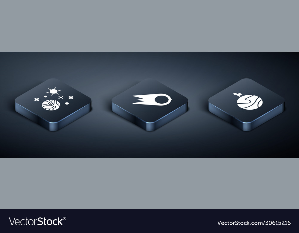 Set isometric space and planet moon with flag vector image Set isometric space and planet moon with flag