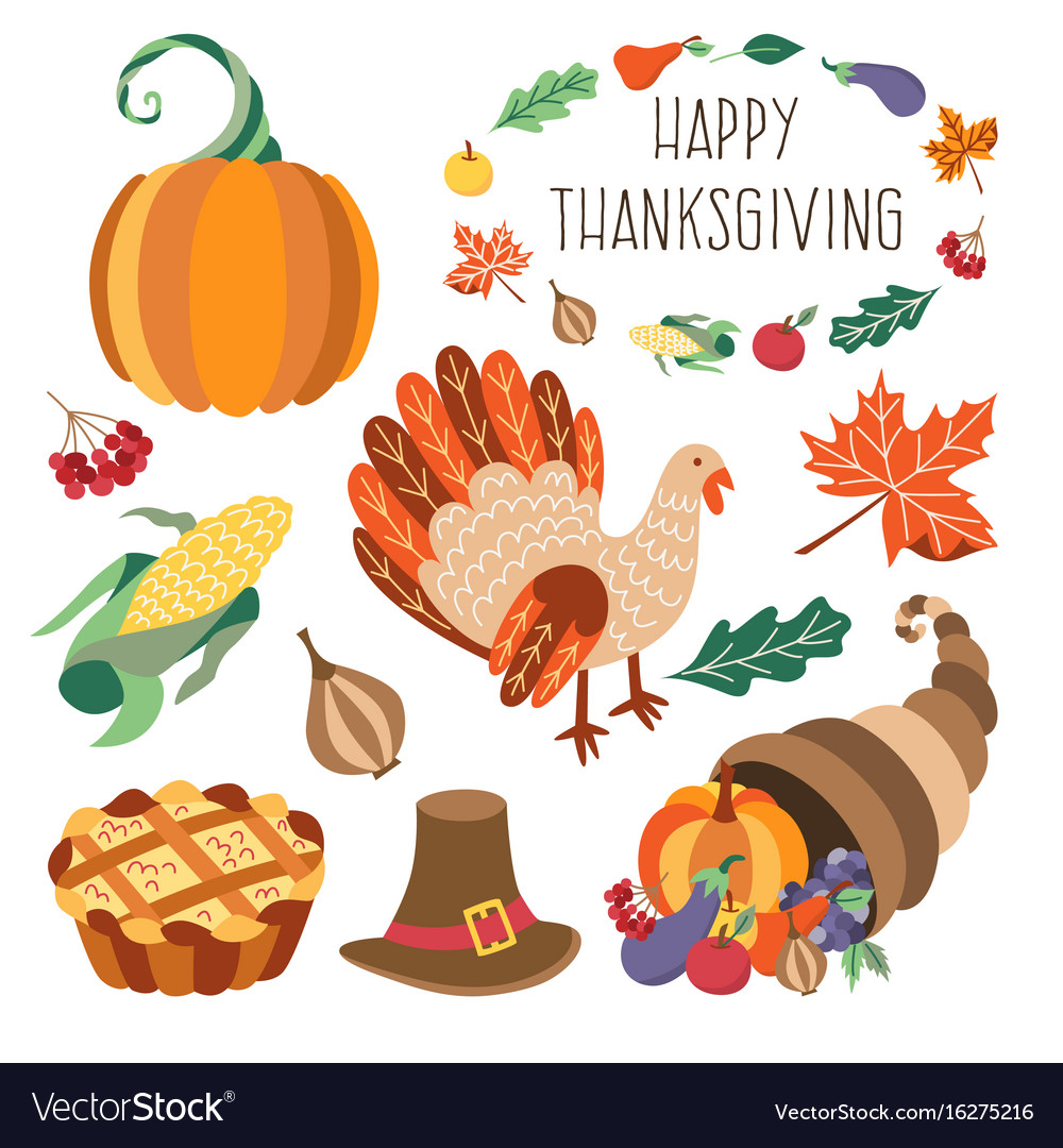 Set of flat thanksgiving symbols isolated Vector Image