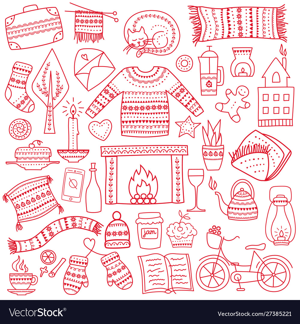 Hygge Hand gezeichnete Doodle-Symbole Set