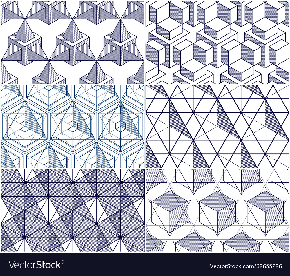 Geometric cubes abstract seamless patterns set 3d vector image Geometric cubes abstract seamless patterns set 3d