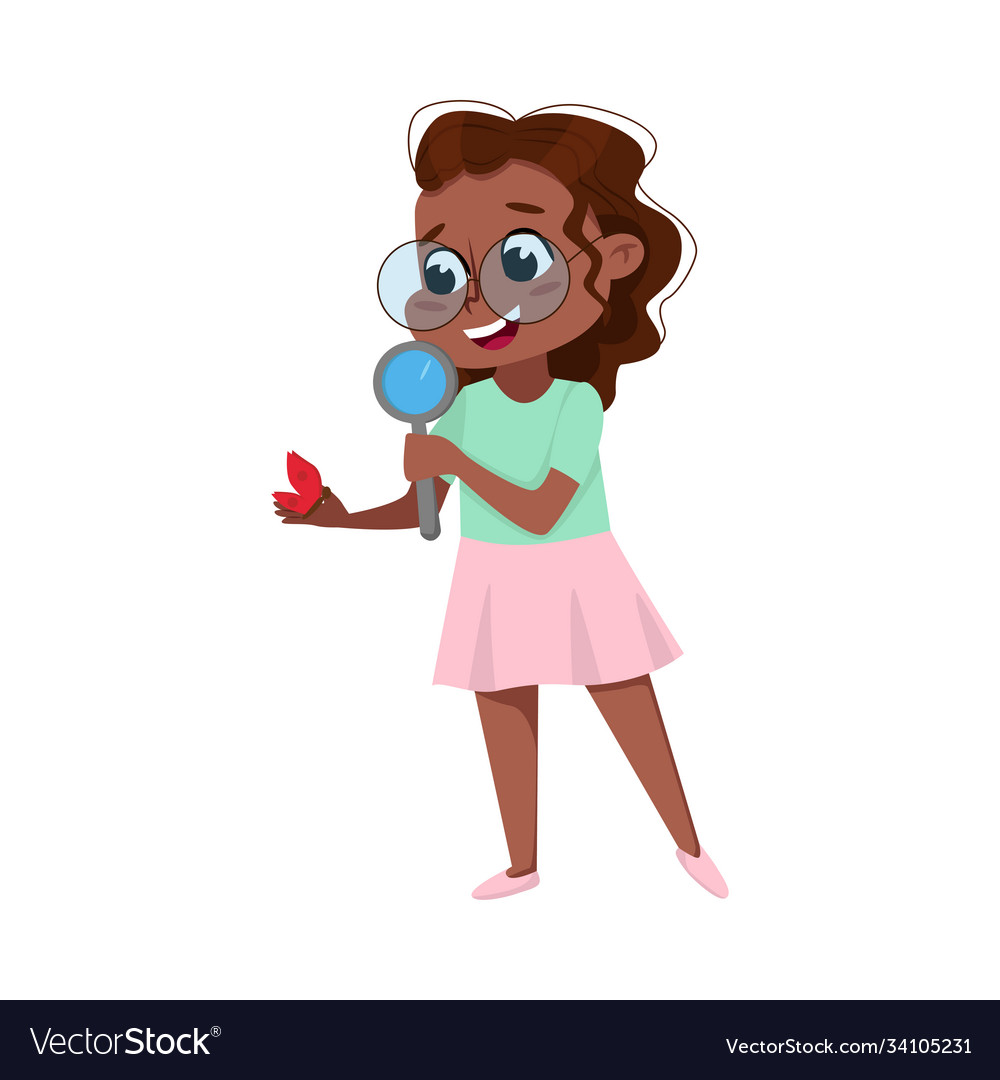 Cute intelligent african american girl examining vector image Cute intelligent african american girl examining