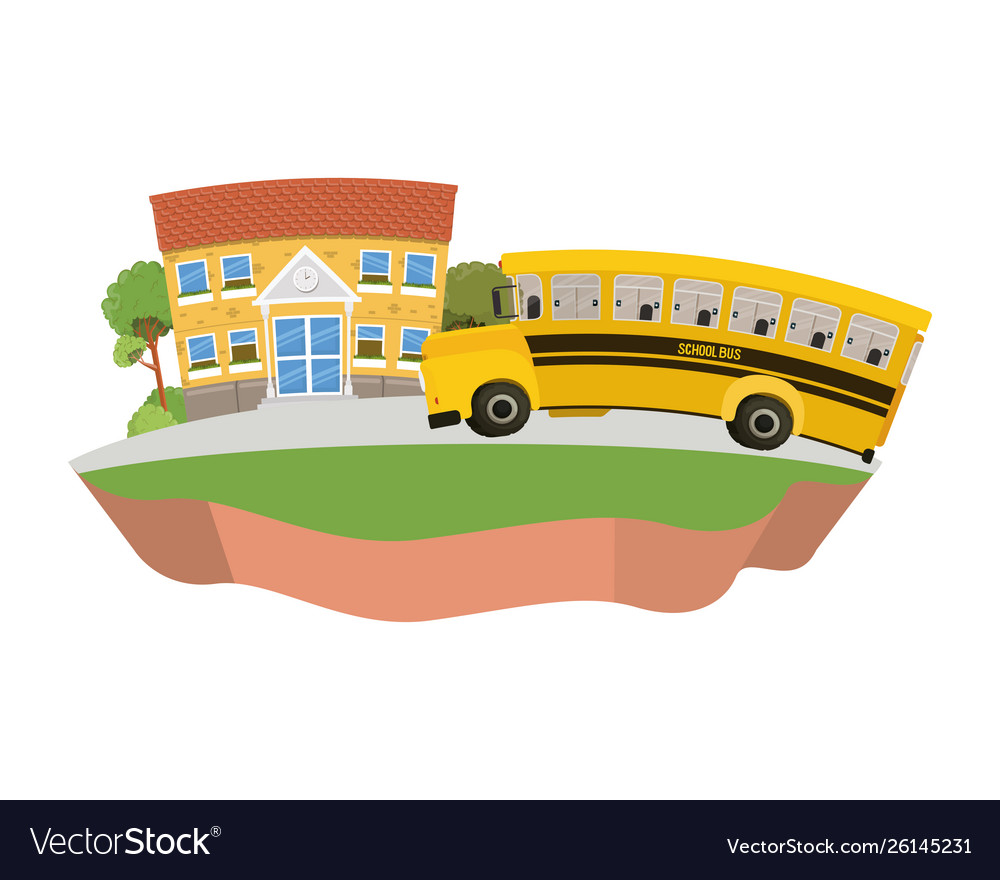 Schulgebäude primär mit Bus in der Landschaft vector image Schulgebäude primär mit Bus in der Landschaft