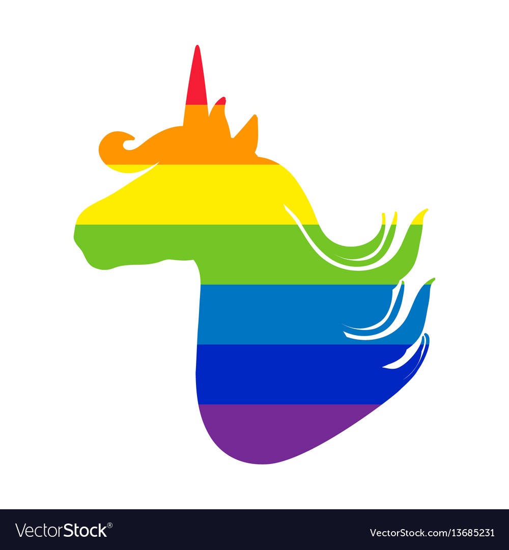 Unicorn silhouette rainbow flag in the shape