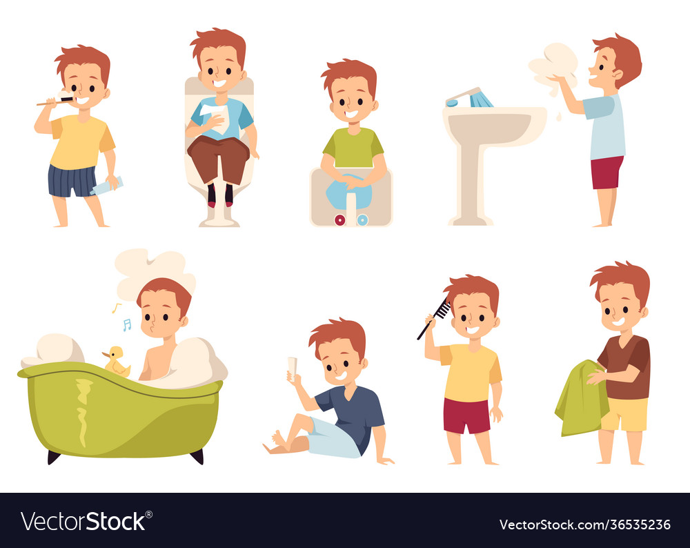 Child character doing hygienic procedures flat Vector Image