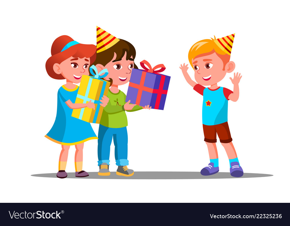 Children give birthday gifts to a friend Vector Image