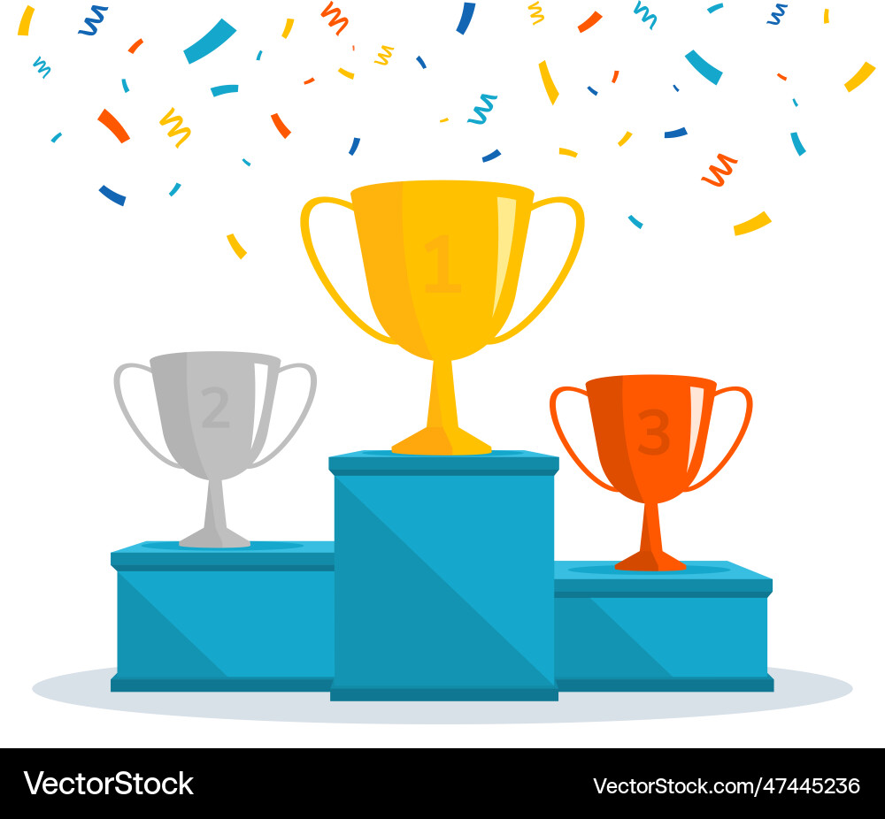 Winners podium with trophy cups and confetti Vector Image