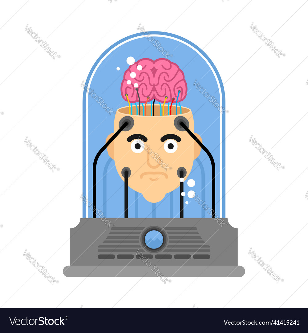 Brain in an open head with wires nerve cell