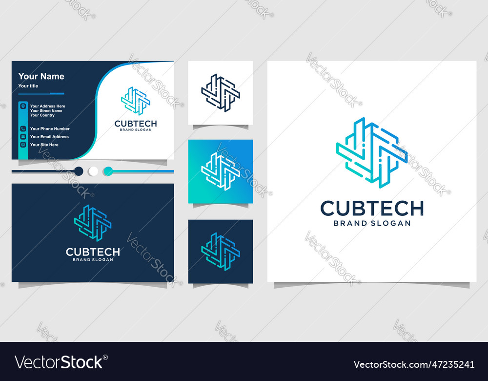 Cube logo template with line art technology