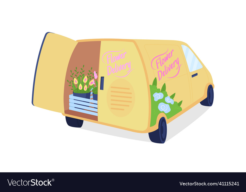 Flower delivery van with open trunk flat color Vector Image