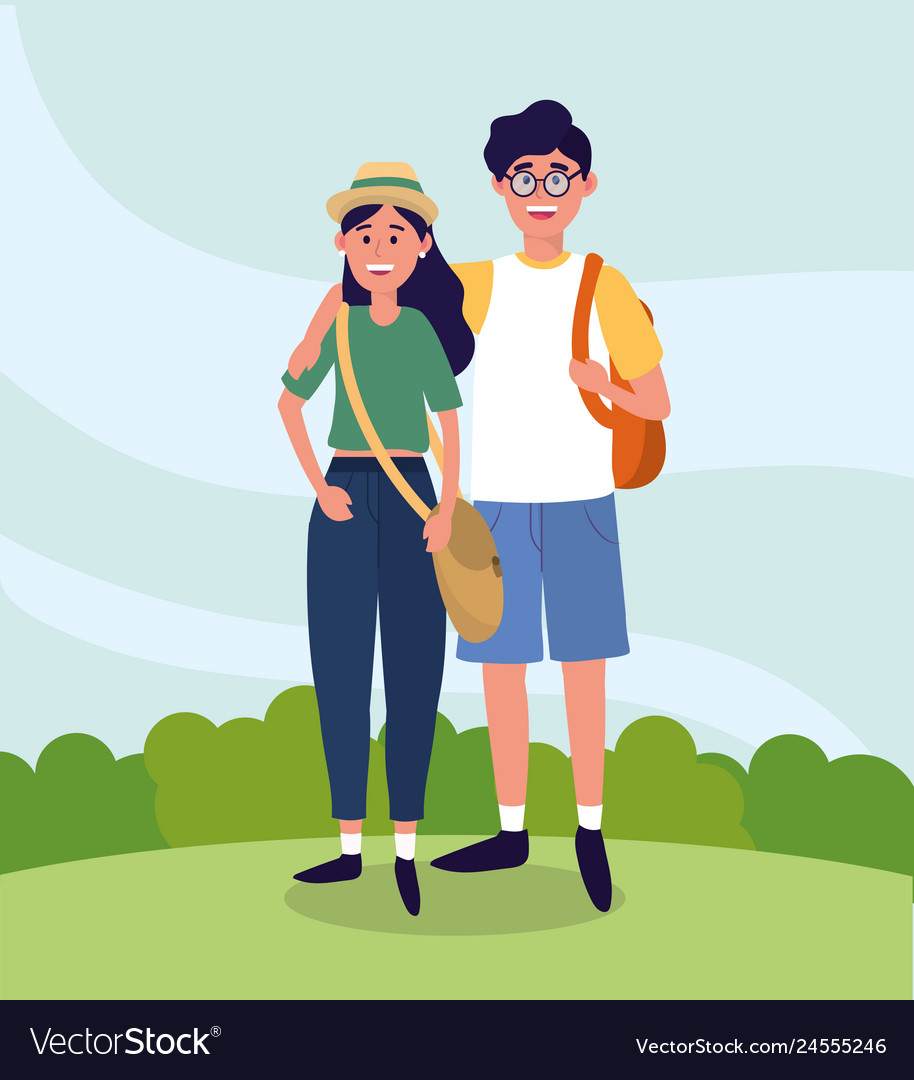 University woman and man couple with backpack