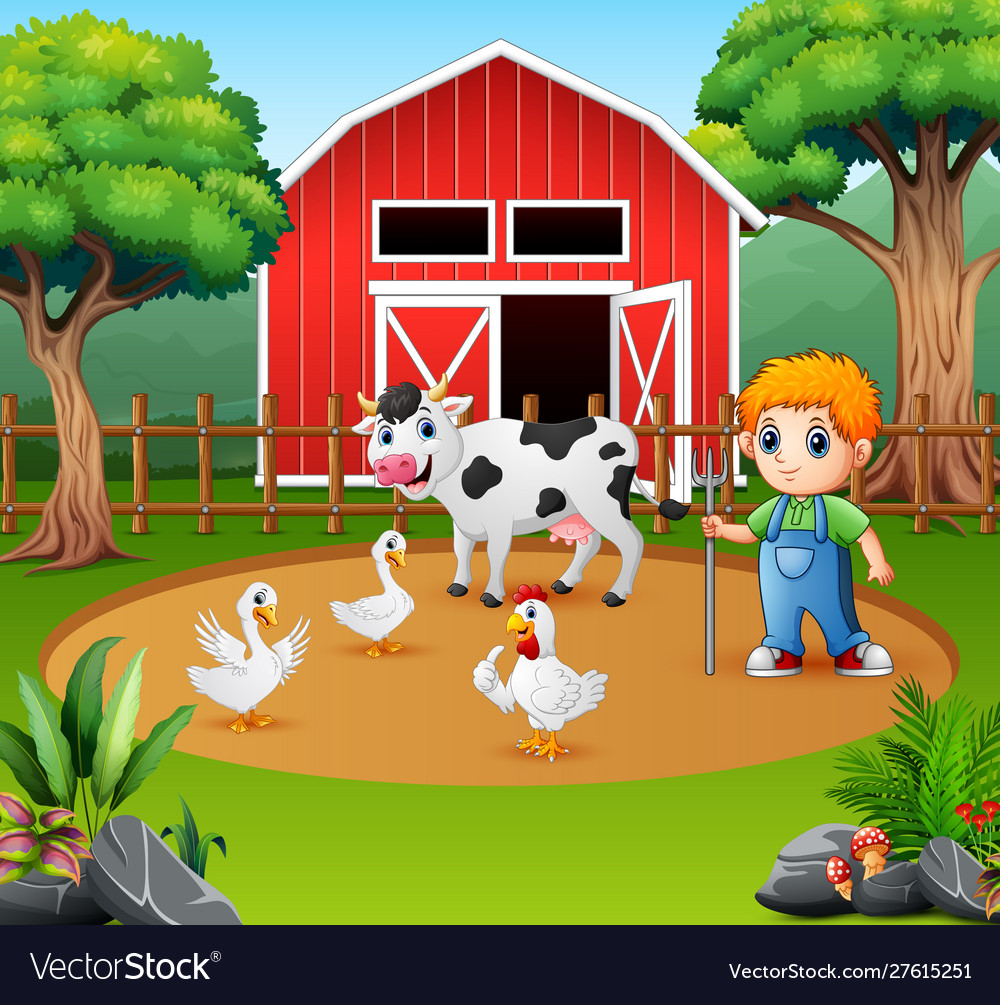 A farmer and farm animal in farmyard Royalty Free Vector