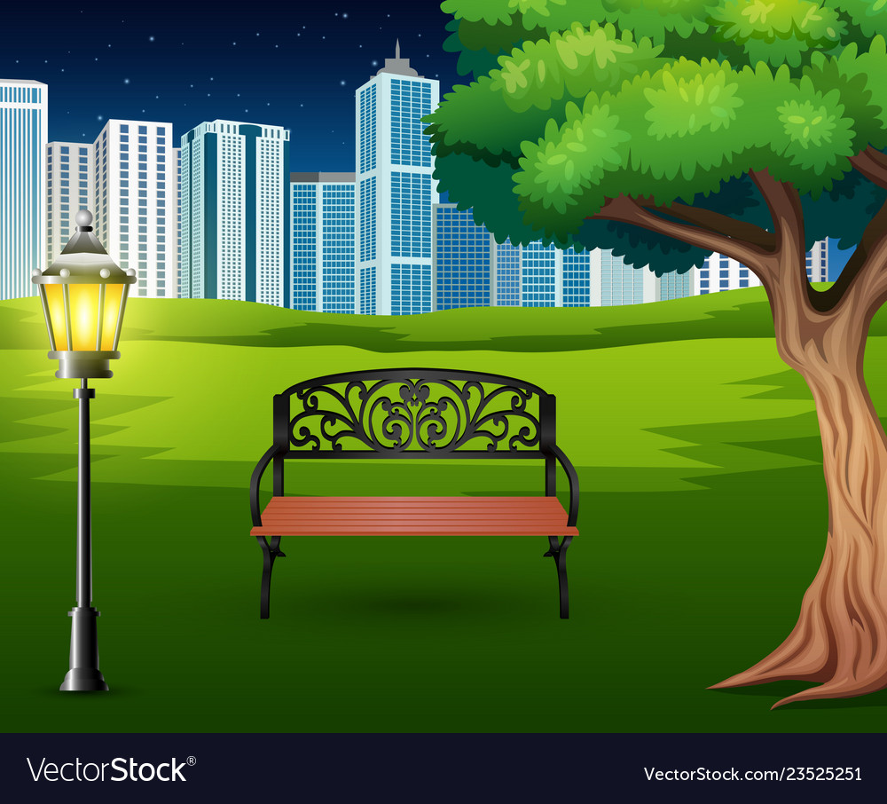 Cartoon Chairs In Green Park With Town Building Vector Image