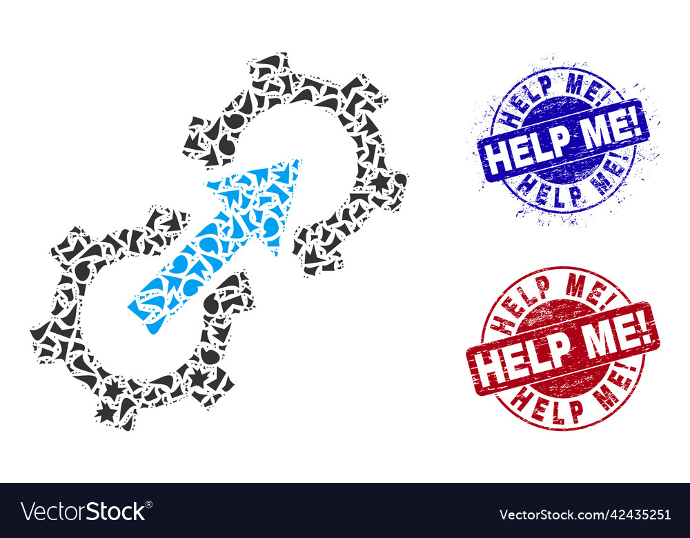 Gear integration mosaic of shards with help me vector image Gear integration mosaic of shards with help me