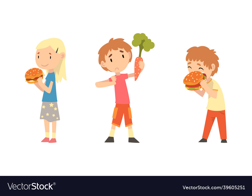 Little girl with hamburger and boy rejecting Vector Image