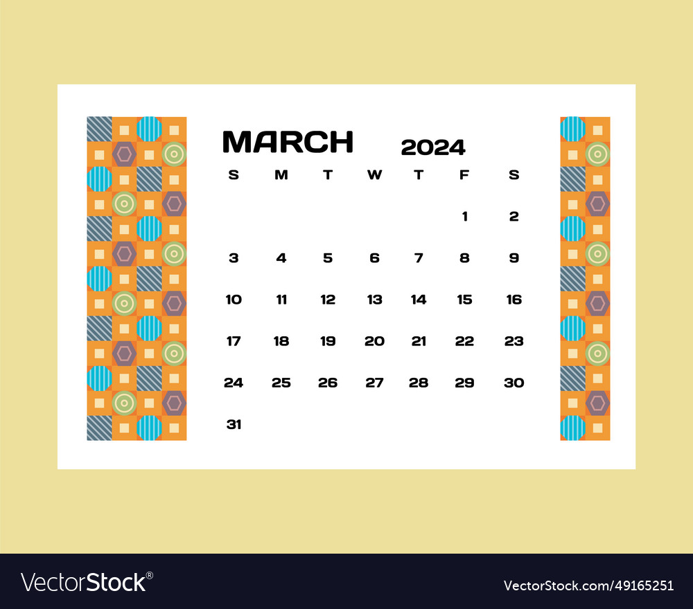 March monthly calendar 2024 template design Vector Image