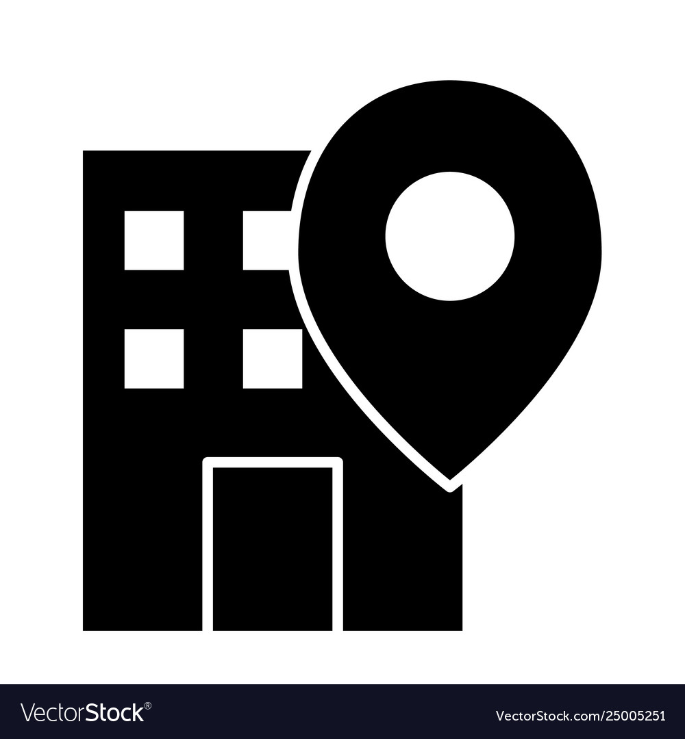 Office location pin solid icon building on map vector image Office location pin solid icon building on map