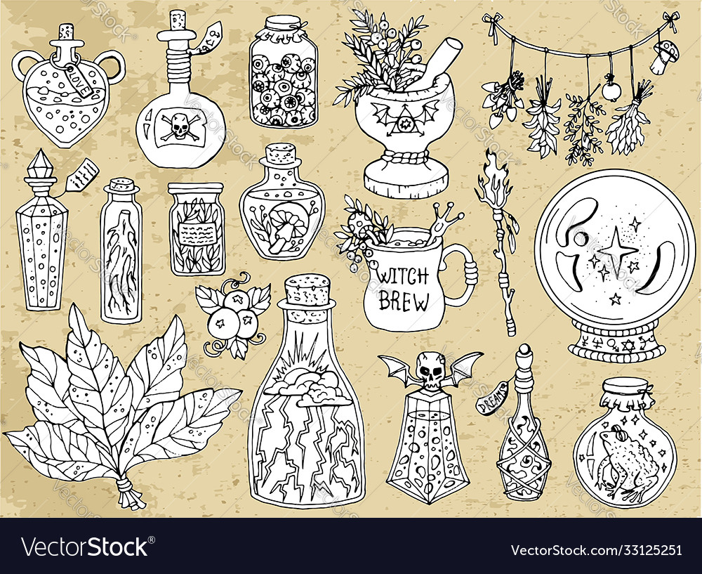 Set scary halloween traditional symbols