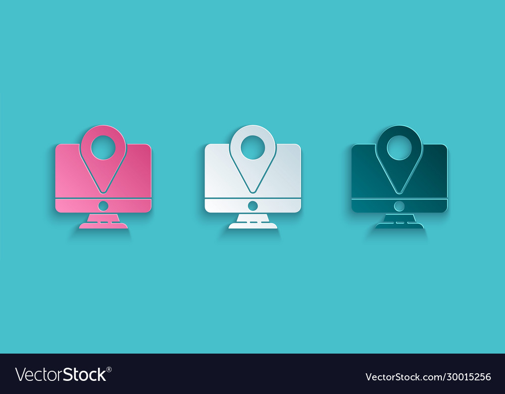 Paper cut computer monitor and folded map vector image Paper cut computer monitor and folded map