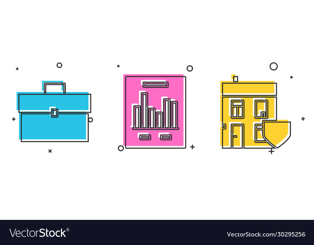 Set briefcase document with graph chart and house
