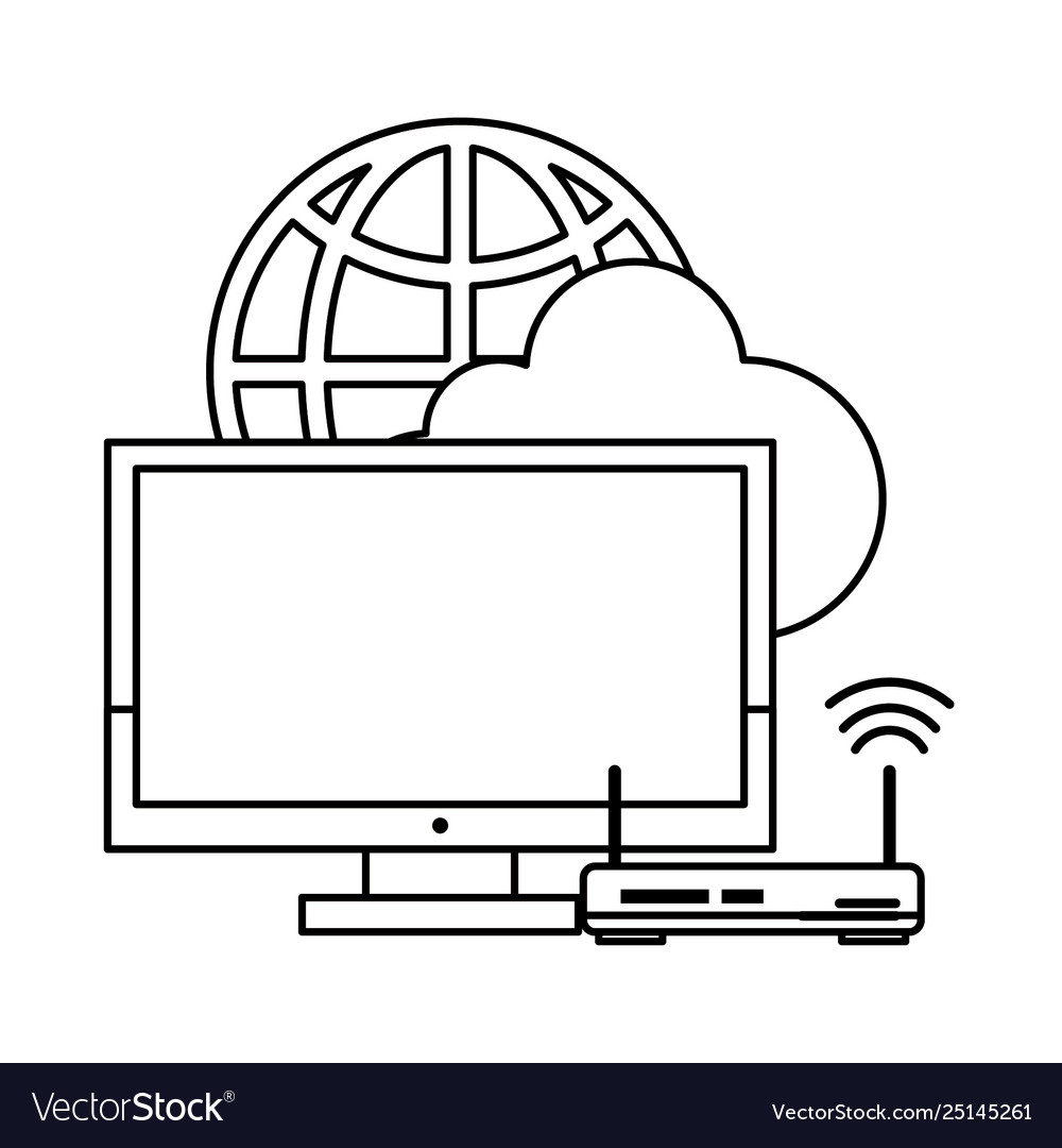 Computer with router and globe in black white vector image Computer with router and globe in black white