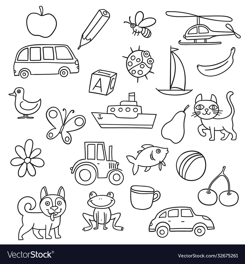 Different doodle items for kids first education vector image Different doodle items for kids first education