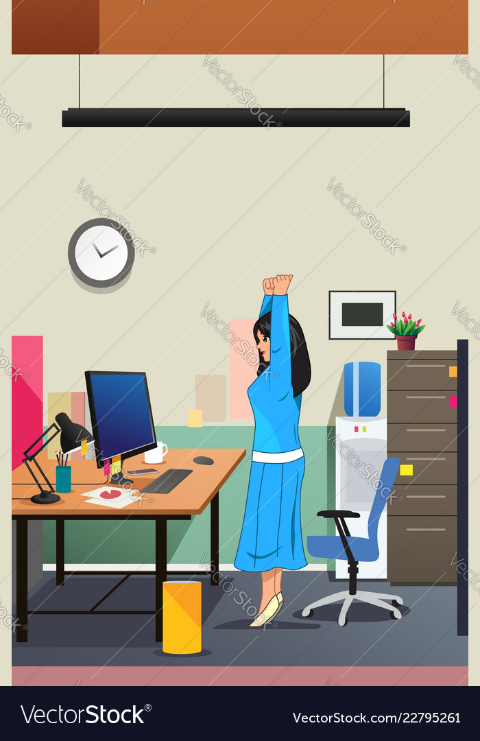 Girl Stretching In Front Of The Computer Vector Image