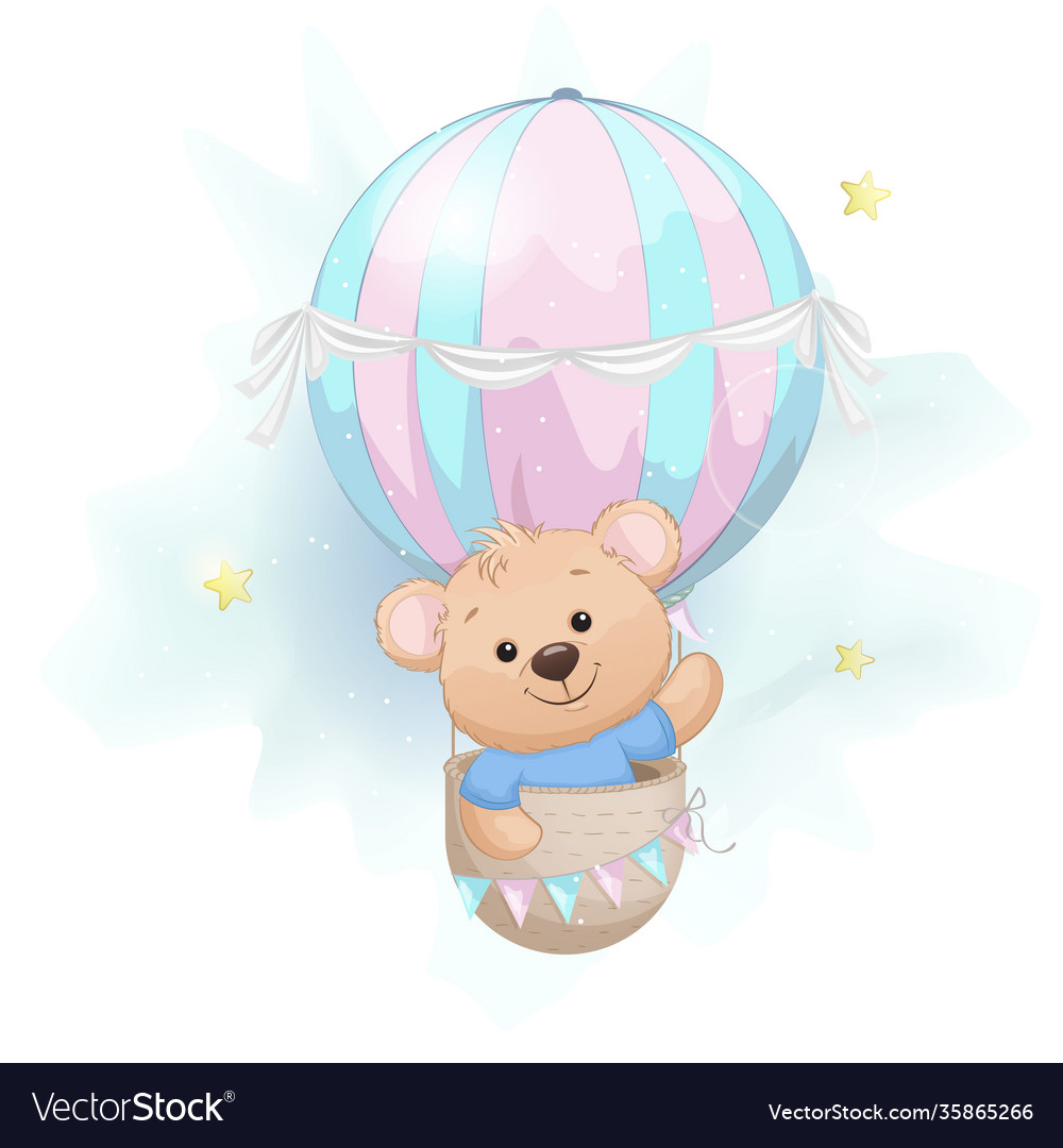 Cute bear flying on air balloon adorable