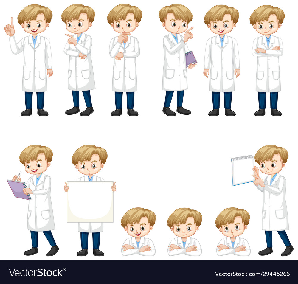 Set boy in science gown doing many actions vector image Set boy in science gown doing many actions