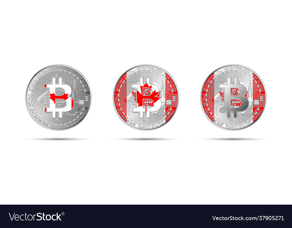 Drei Bitcoin Krypto Münzen mit Flaggenkanada vector image Drei Bitcoin Krypto Münzen mit Flaggenkanada