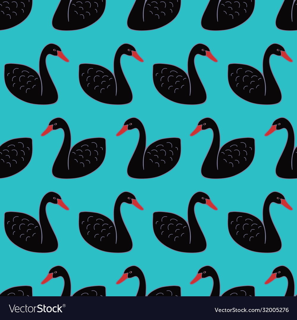 Black swan seamless pattern on green background Vector Image