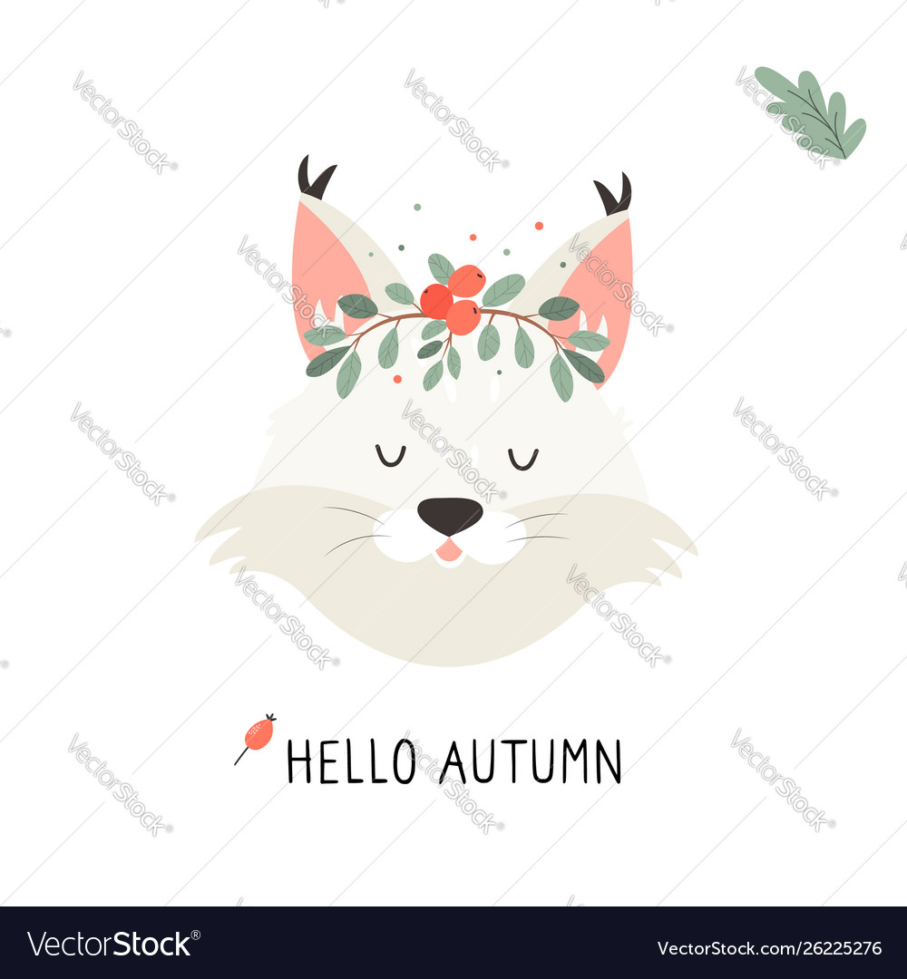 Cute lynx in autumn wreath on white background vector image Cute lynx in autumn wreath on white background