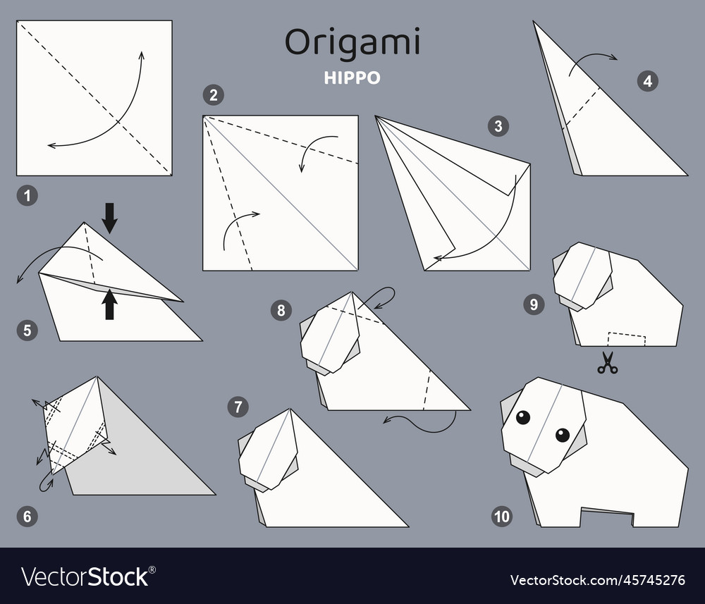 Origami tutorial scheme hippo for kids Royalty Free Vector