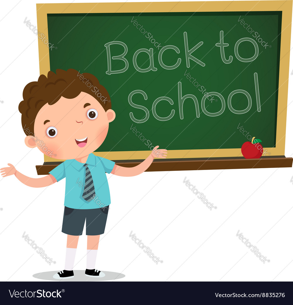 Smart boy presenting in front blackboard Vector Image