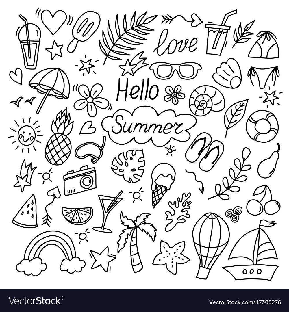 Summer doodles icon set hand drawn lines icons Vector Image