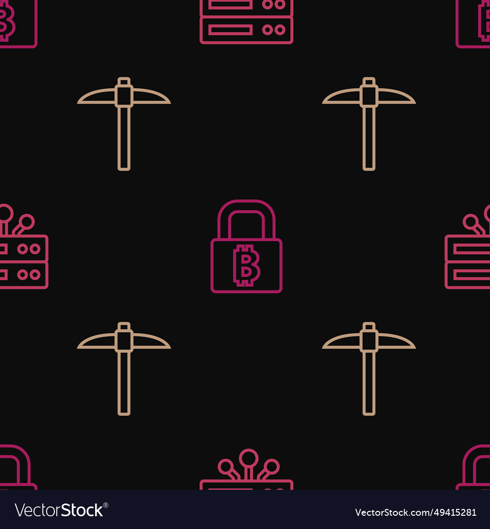 Set line server pickaxe and lock with bitcoin vector image Set line server pickaxe and lock with bitcoin