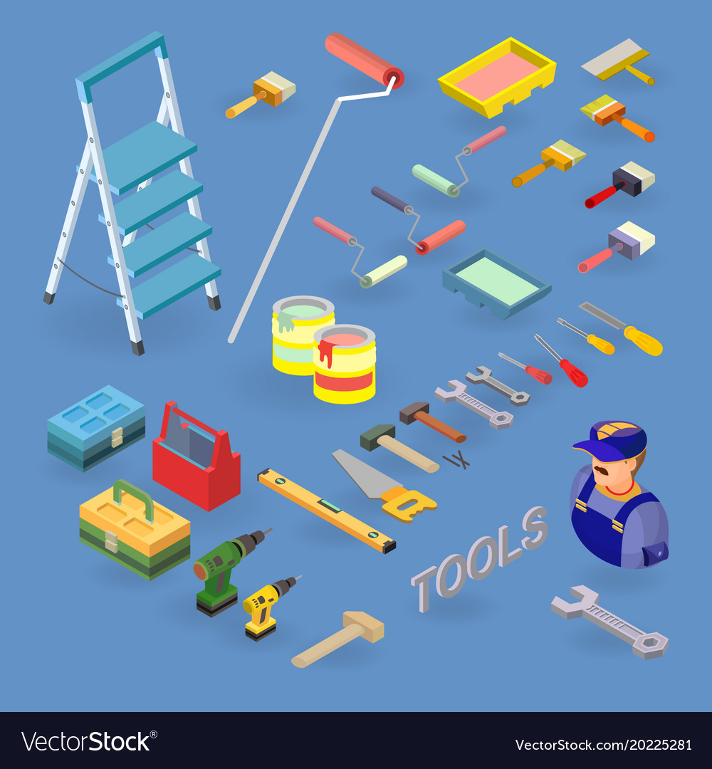 Set of tools equipment and items isometric Vector Image