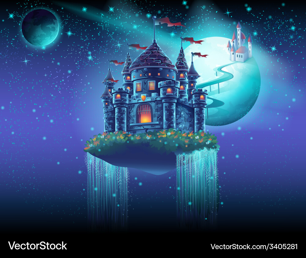 Space castle with a waterfall on background of Vector Image