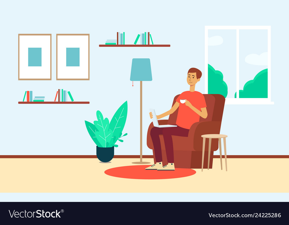 Man with laptop and cup sitting in chair at home