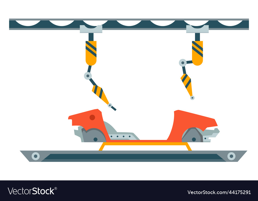 Factory assembly line industry robot arm assemble vector image Factory assembly line industry robot arm assemble