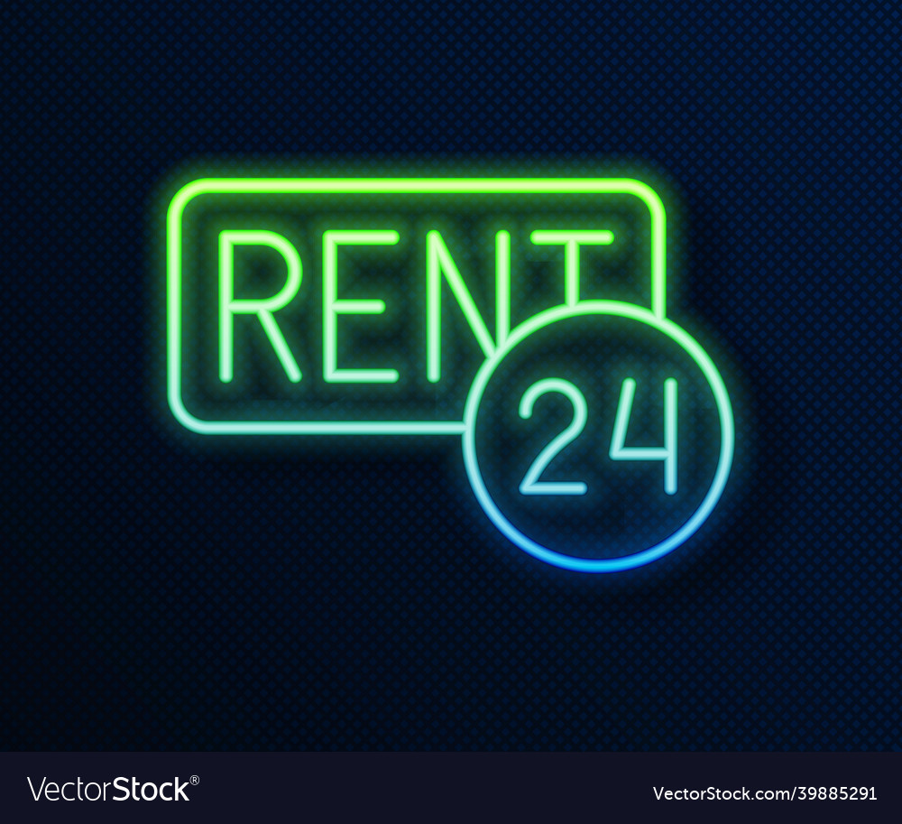 Glowing neon line hanging sign with text rent icon