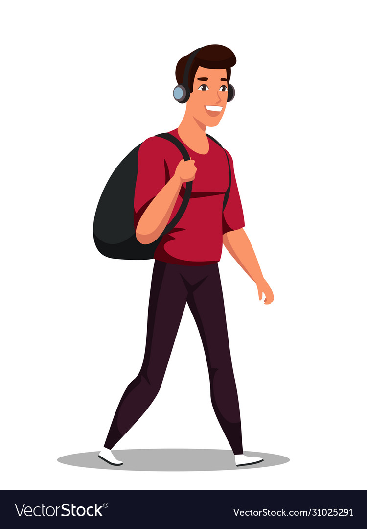 Man in headphones walking with backpack