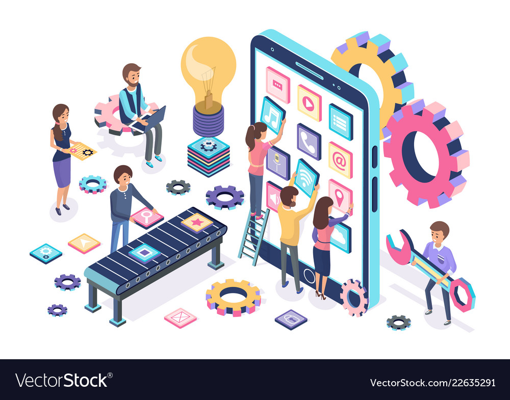 Mobile development process banner with developers vector image Mobile development process banner with developers