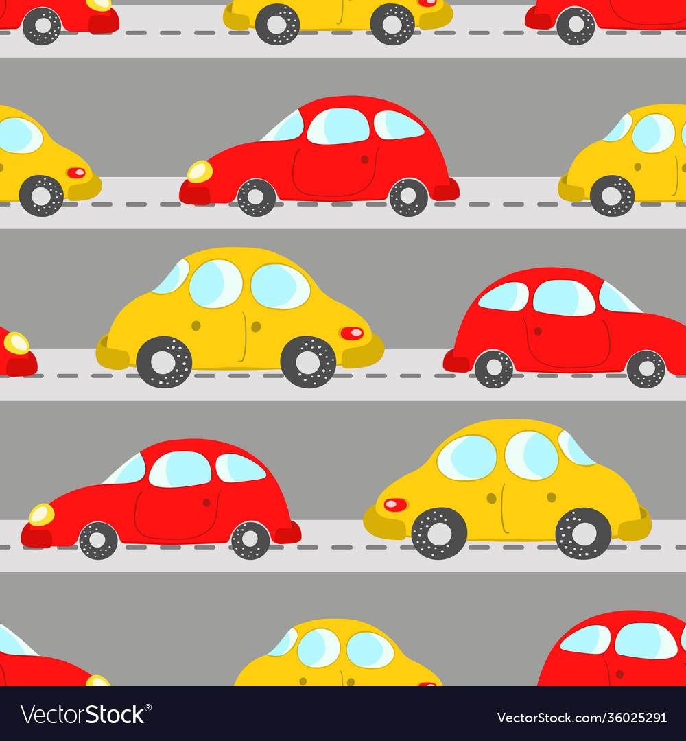 Seamless pattern with cute cars on blue background