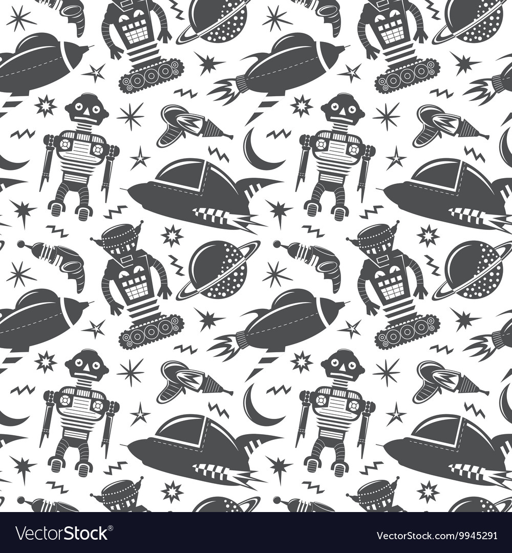 Seamless pattern with robots spaceships and planet