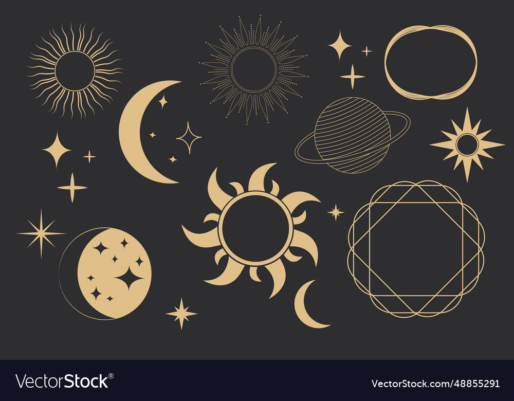 Set golden celestial frames borders arch line vector image Set golden celestial frames borders arch line