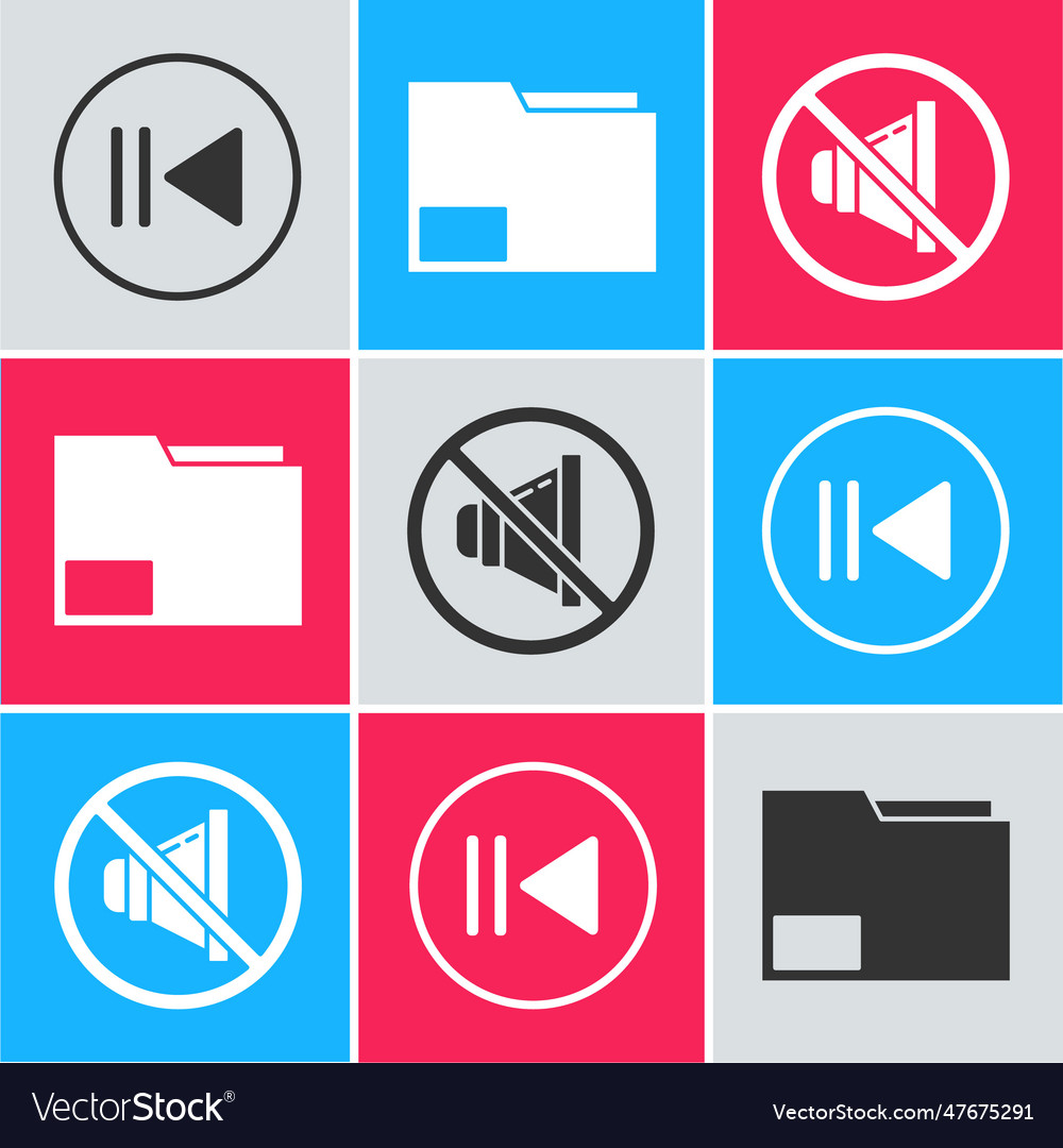 Set rewind document folder and speaker mute icon vector image Set rewind document folder and speaker mute icon