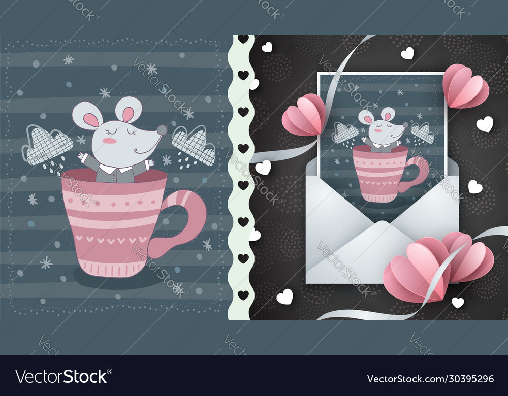 Cute mouse in cup - idea for greeting card