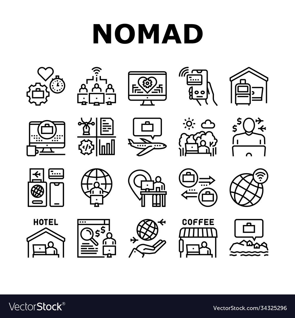 Digital nomad worker collection icons set vector image Digital nomad worker collection icons set