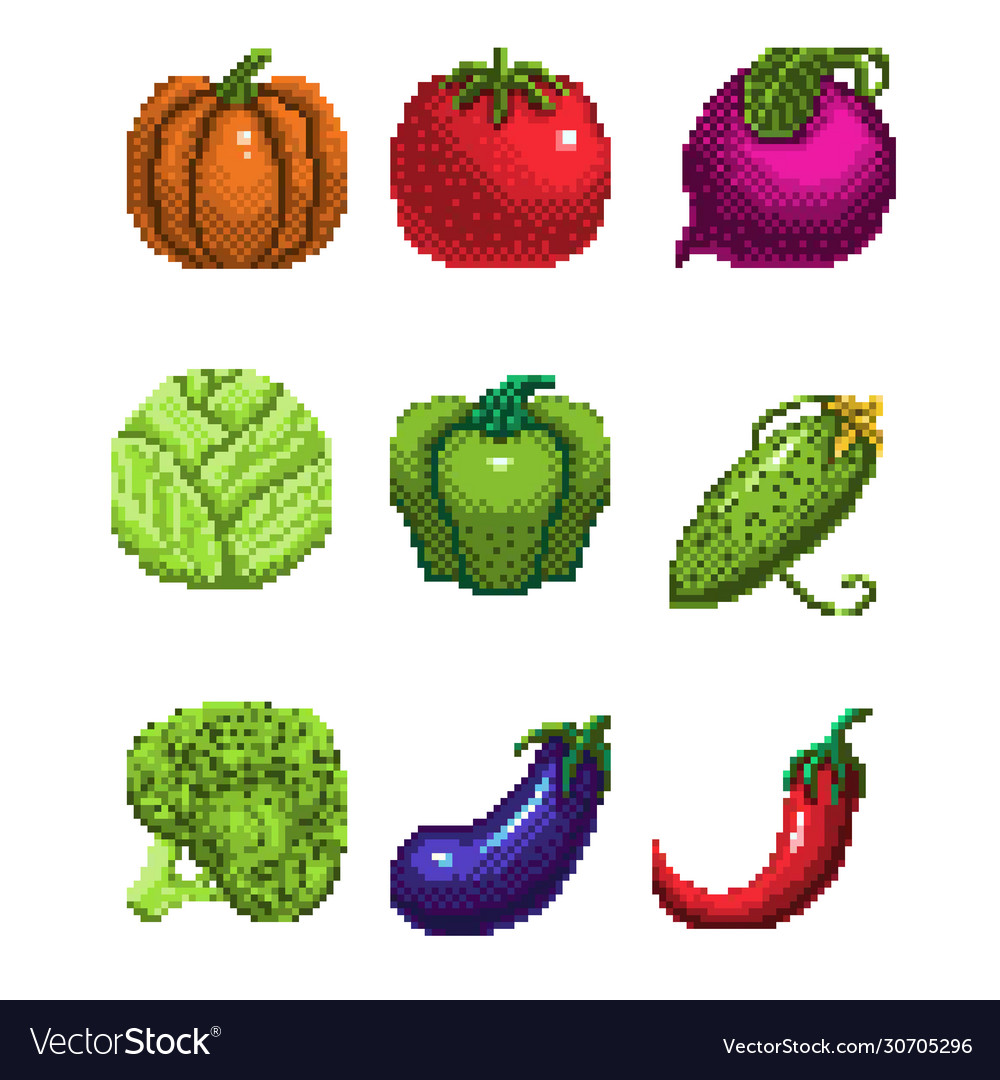 set of pixel art green vegetables icon. 32x32 pixels. Vector