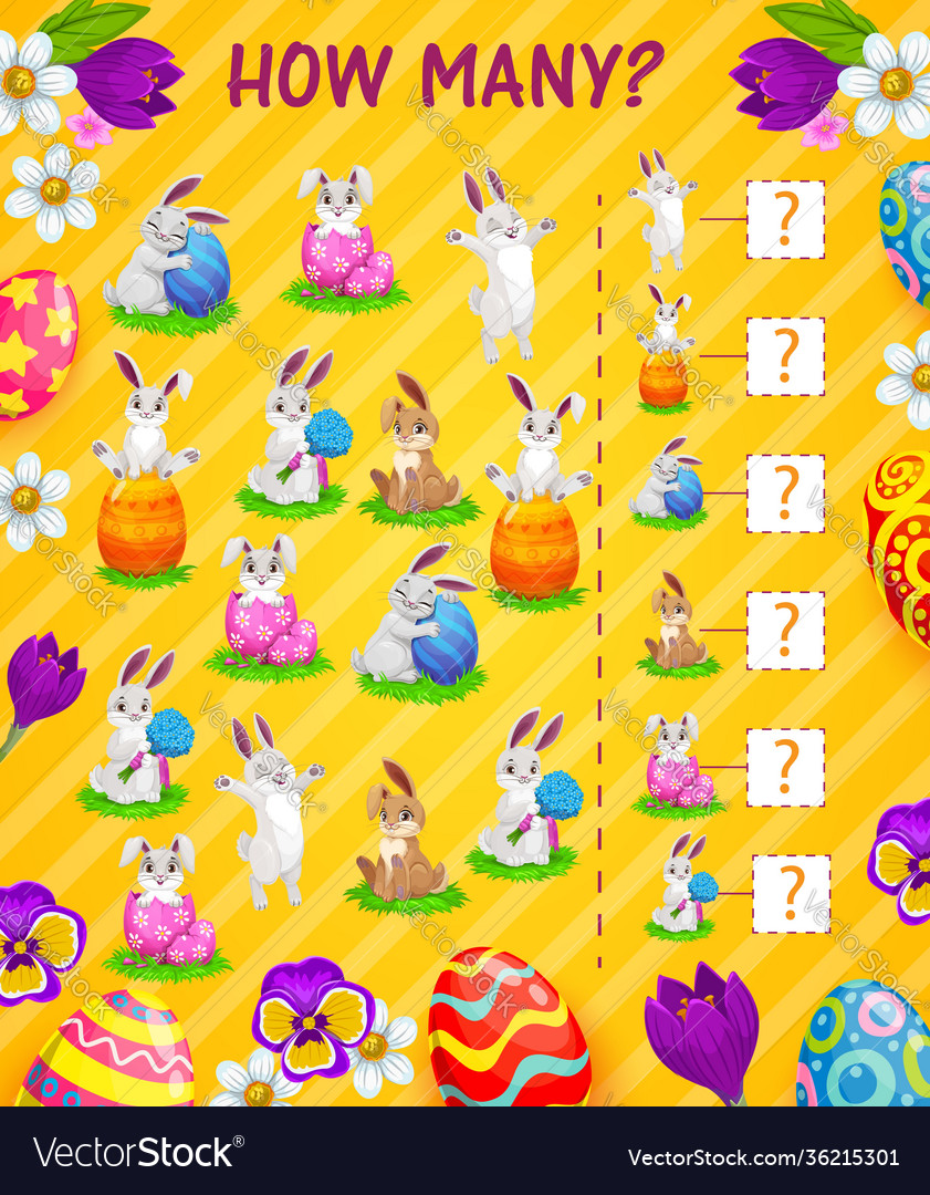 Counting kids game how many easter eggs bunnies Vector Image